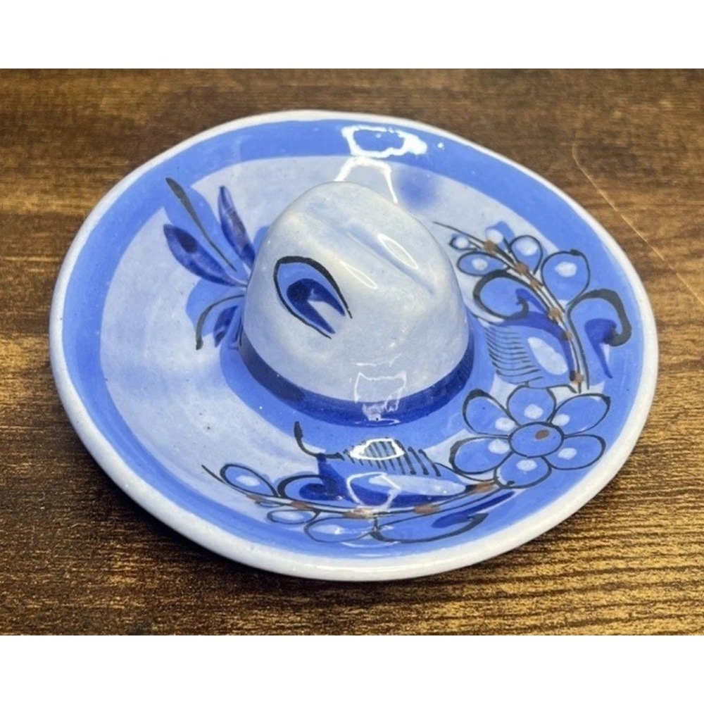 Hand-Painted Mexican Pottery Sombrero Blue Decorative Handmade Jewelry Dish Tray